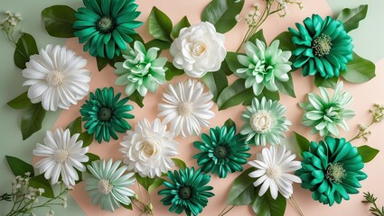 Leinwandbilder - Top view of green and white artificial flowers with lush greenery arranged on a soft pastel background featuring light peach and mint colors.