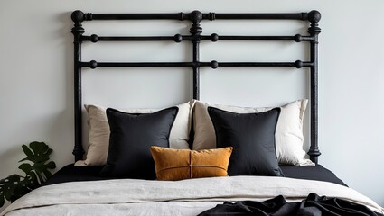 Aufkleber - Stylish black metal headboard with plush pillows in black and gold on a dark sheet, set against a minimalist white wall for a modern bedroom.
