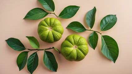 Aufkleber - Green pomelo fruits arranged symmetrically with vibrant green leaves on a soft pastel peach background creating a fresh and natural aesthetic.