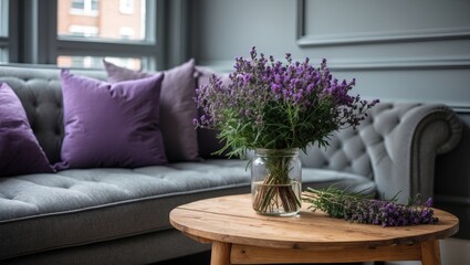 Poster - Cozy grey apartment interior featuring a grey settee with purple pillows beside a wooden table with a bouquet of lavender in a jar.