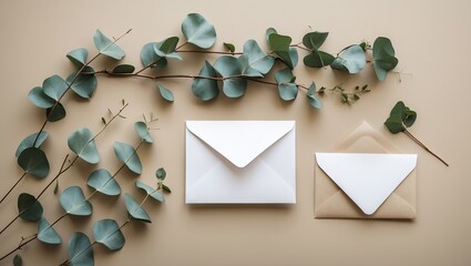 Fototapete - Eucalyptus leaves surround two envelopes in white and kraft on a beige background showcasing a harmonious, natural aesthetic and modern stationery design.