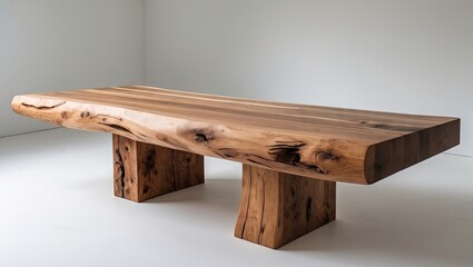 Aufkleber - Natural elm wood handcrafted table on a minimalist white background showcasing its rich brown tones and unique grain patterns ideal for text overlay.