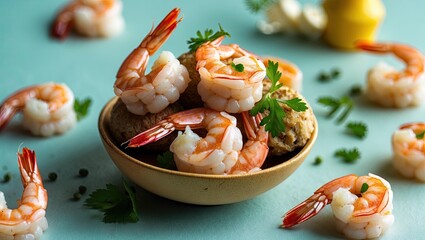 Poster - Fresh shrimp meatballs arranged in a bowl with vibrant shrimp, garnished with green cilantro on a soft pastel blue background.
