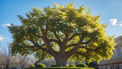 Leinwandbilder - Lush green decorative tree with vibrant leaves under a clear blue sky positioned centrally with soft sunlight illuminating surrounding landscape.