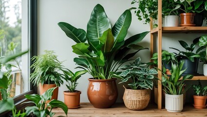 Poster - Indoor garden display featuring various lush green houseplants in brown and woven pots on wooden shelf against a bright window backdrop.