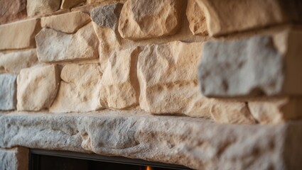Poster - Natural stone fireplace wall texture featuring beige and gray hues with rough surfaces, ideal for backdrops in rustic or cozy settings.
