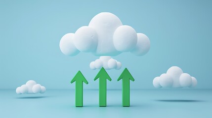 Poster - green arrows pointing upwards under soft clouds on a light blue background in a minimalist style