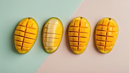 Poster - Four mango slices arranged horizontally on a pastel pink and blue background, showcasing vibrant yellow and green colors with a clean clipping path.
