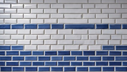 Poster - Seamless tile wall texture featuring alternating white and blue rectangular tiles arranged in horizontal rows for interior design backgrounds.