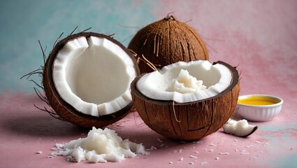Aufkleber - Ripe half-cut coconut revealing creamy white flesh, placed on a pastel pink and green backdrop, accompanied by coconut oil and shredded coconut.