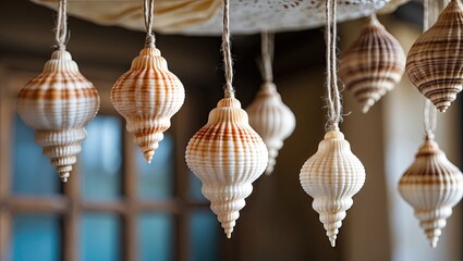 Aufkleber - Hanging seashell decorations in white and beige tones suspended against a blurred window backdrop create a serene coastal ambiance.