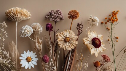 Aufkleber - Colorful dried flowers arranged on a soft beige background, featuring white, purple, yellow, and orange blooms in various sizes and textures.