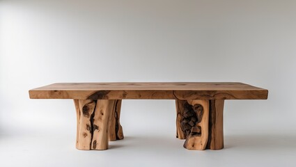 Aufkleber - Natural elm wood handcrafted table with unique base design, positioned centrally against a soft white background, ample space for text.