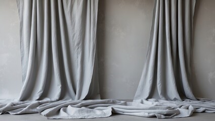 Fototapete - Light gray muslin fabric backdrop elegantly draped on the floor and walls with smooth folds, creating ample copy space for text or designs.