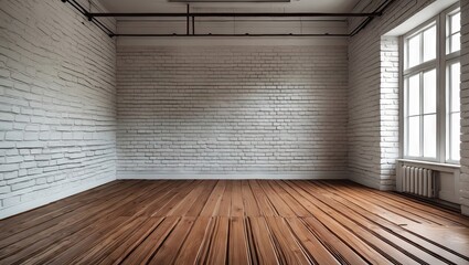 Fototapete - Empty vintage interior with a white brick wall on the left and a rich brown wooden floor, showcasing minimalistic design and natural light.