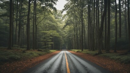 Poster - Serene forest road lined with tall green trees and fallen leaves on a misty day, featuring a central empty space for text or design.