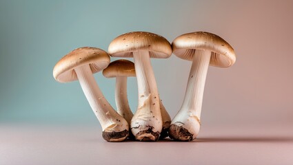 Poster - Fresh champignon mushrooms in a cluster, positioned centrally, with soft pastel gradient background in pale blue and warm peach tones.