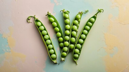 Aufkleber - Fresh green peas in open pods arranged diagonally on a soft pastel textured background featuring shades of blue and yellow.