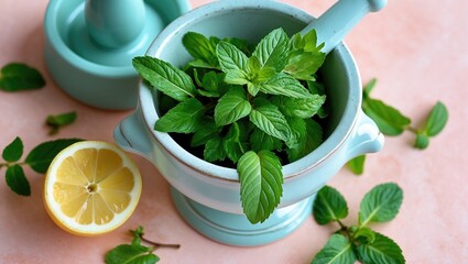 Aufkleber - Fresh spearmint leaves in a light blue porcelain mortar with a pestle beside a halved lemon on a soft pastel pink background.