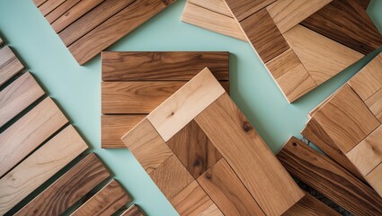 Poster - Wood tiles and parquet samples arranged on a soft pastel green background showcasing natural textures and colors in a modern design layout.