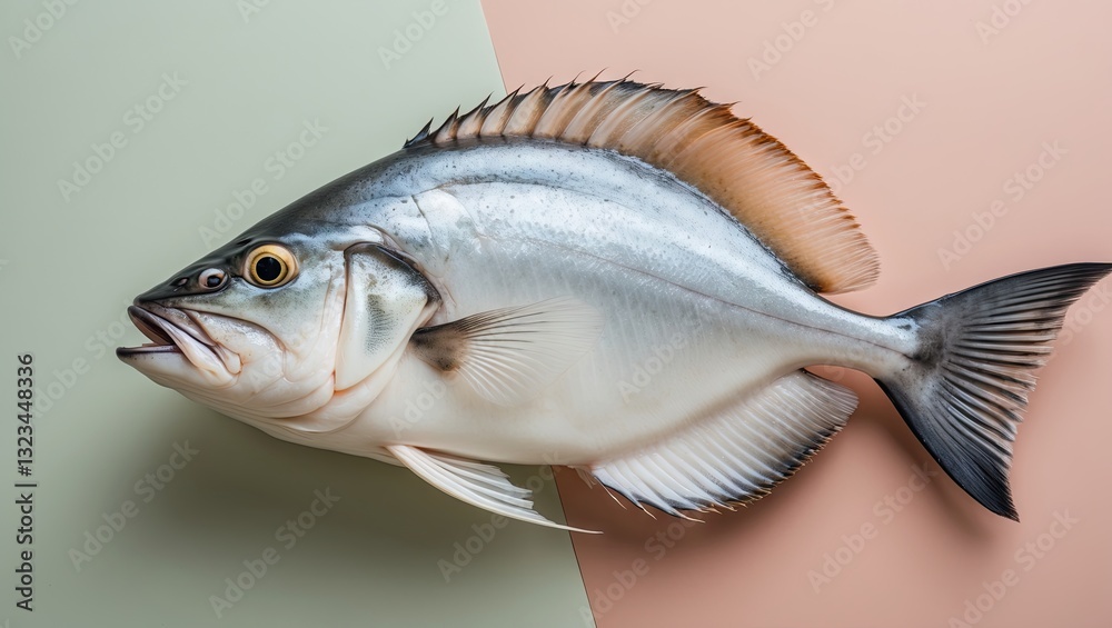 Fresh ray fish with silver sheen positioned at a slight angle on a ...
