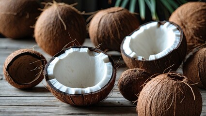 Aufkleber - Dried coconut shells arranged on a rustic wooden surface with green leaves in the background, creating a natural home decoration aesthetic.