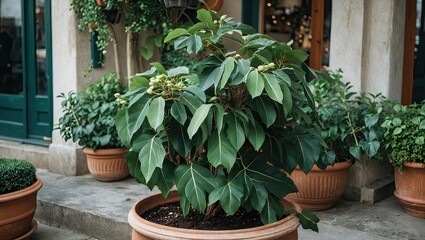 Leinwandbilder - Lush green ficus plant in a large tan planter surrounded by smaller plants in terracotta pots set against a rustic urban backdrop.