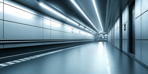 Poster - long, sleek metallic corridor with bright overhead lights, reflective floor, and evenly spaced doors