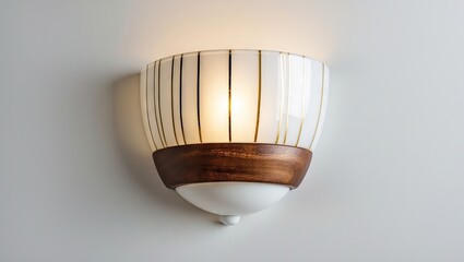 Fototapete - Half-moon white glass wall sconce lamp with gold yellow stripes and wooden base positioned on a light gray wall, illuminated softly.