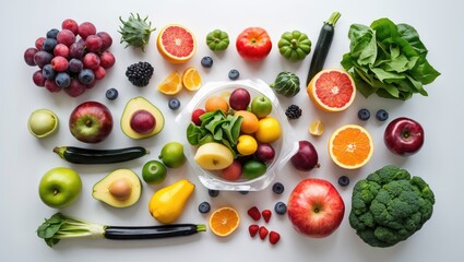 Poster - Colorful assortment of fresh fruits and vegetables arranged on a white background with a bowl of mixed produce in the center, top view.