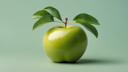 Aufkleber - Fresh green apple with two vibrant leaves positioned atop, centered on a soft pastel green background, showcasing its glossy texture and color.