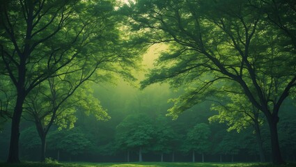 Fototapete - Lush green forest scene with vibrant leafy trees framing a tranquil hazy background creating a serene nature ambiance with soft sunlight.
