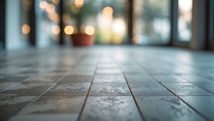 Fototapete - Modern textured floor interior featuring gray tiles with a glossy finish, shallow depth of field, blurred soft bokeh lights in the background.