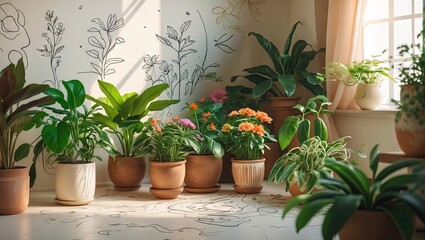 Aufkleber - Indoor garden scene featuring various potted plants in terracotta and cream pots with lush green foliage and colorful flowers next to a window.