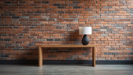 Poster - Modern minimalist interior featuring a wooden table with a sleek black lamp and textured brick wall in warm tones, ideal for contemporary spaces.