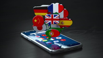 Aufkleber - Dictionary, translating and learning languages mobile app. Speech bubbles and smartphone.