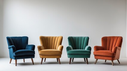 Poster - Four stylish armchairs in blue, mustard, teal, and orange with a light gray floor and white background, showcasing unique designs and textures.