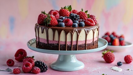 Poster - Chocolate berry dessert cake with vibrant raspberries and blueberries on a pastel pink and blue background, elegantly placed on a light blue cake stand.