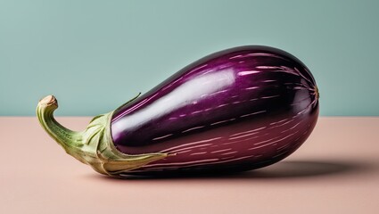Poster - Eggplant resting on a light pink surface with a soft pastel green background highlighting its glossy deep purple exterior and unique shape.