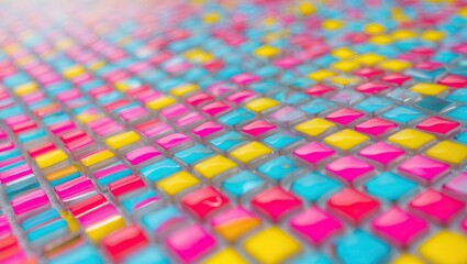 Aufkleber - Vibrant mosaic tiles in blue, pink, and yellow arranged in a dynamic pattern with a soft blurred background creating an artistic abstract design.