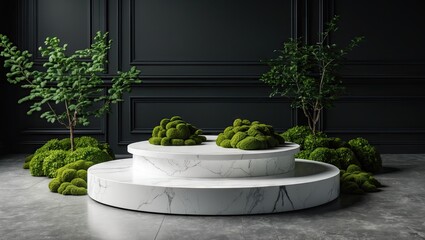 Poster - Minimalistic round marble podium display with lush green moss set against a dark room background, featuring soft backlighting and elegant design.