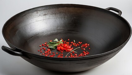 Poster - Black iron wok centered on a light gray background, containing red peppercorns and fresh herbs, emphasizing traditional Chinese cooking style.