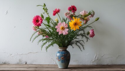 Aufkleber - A vibrant arrangement of pink, yellow, and orange flowers in a decorative vase against a light green wall, set on a rustic wooden table.