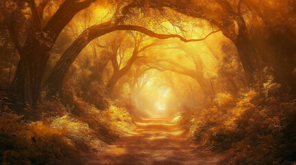 Poster - A mystical redwood forest with golden light filtering through the trees.
