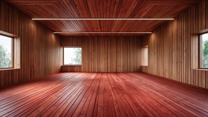 Poster - Spacious architectural indoor space featuring warm reddish wooden parquet flooring and accent walls, illuminated by natural light through windows.