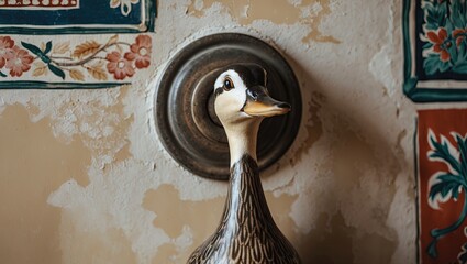 Poster - Traditional ceramic dipper mounted on a rustic wall with vintage floral decor in warm earth tones creating an inviting atmosphere.
