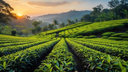 Aufkleber - Lush green tea plantation rows at sunset with golden sky hues and distant hills in background, ample copy space for text or design.