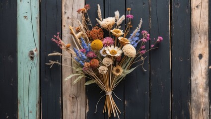 Aufkleber - Dried wildflower bouquet in vibrant colors of yellow, purple, and pink arranged on a vintage wooden plank backdrop, viewed from above in horizontal layout.