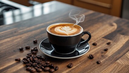 Poster - Close up of a steaming hot black coffee cup on a wooden tabletop with scattered coffee beans, featuring a modern kitchen background in warm tones.