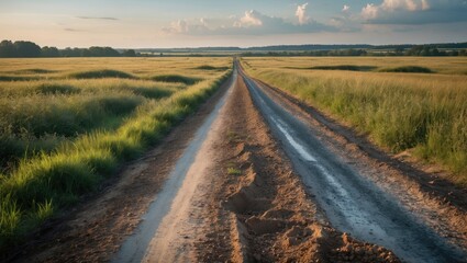 Poster - Dirt road stretching through a golden meadow under a blue sky with scattered clouds showcasing vibrant green grass on either side